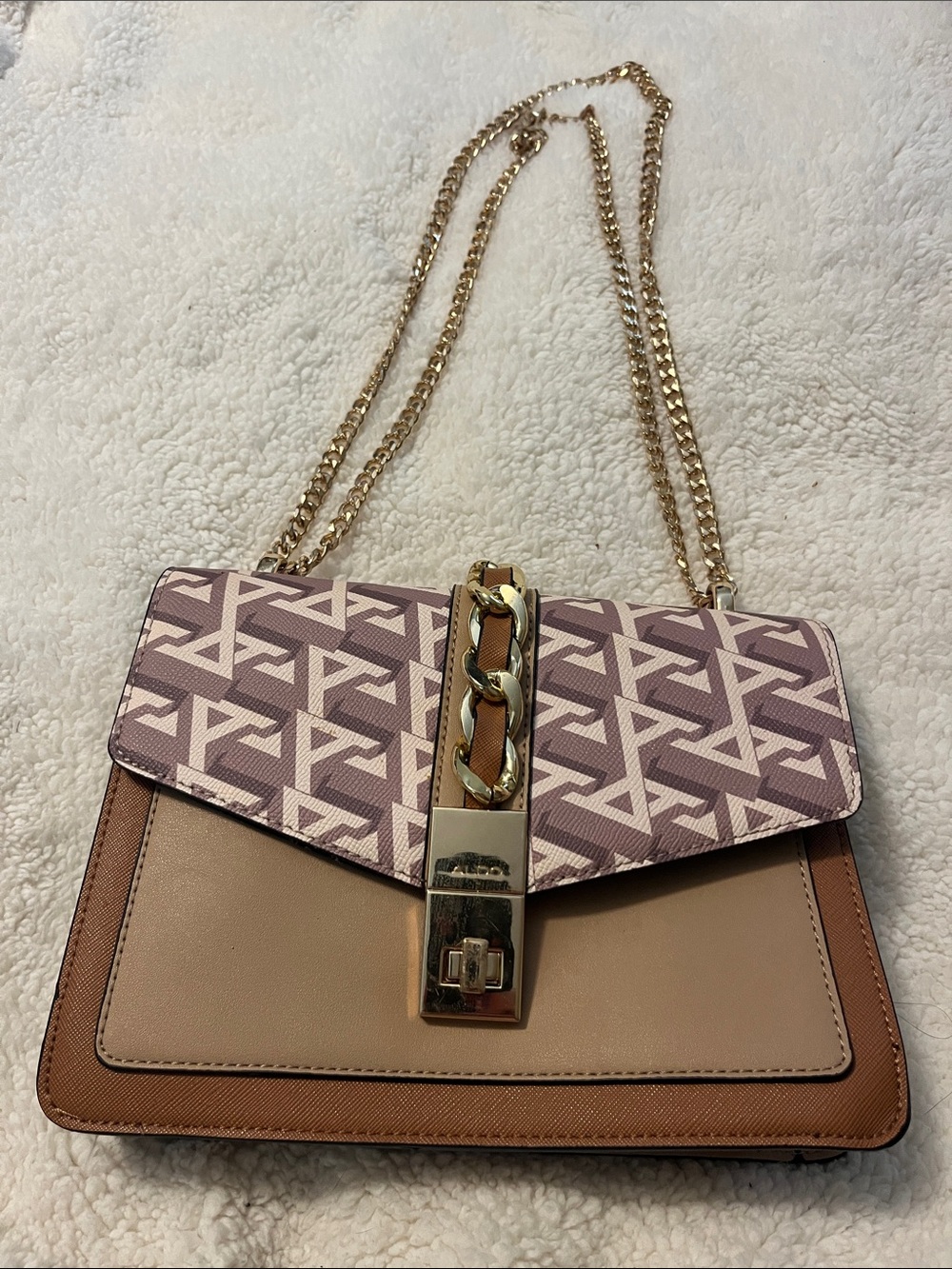 Aldo Pink Patterned Flap & Tan Panel Chain Shoulder Bag